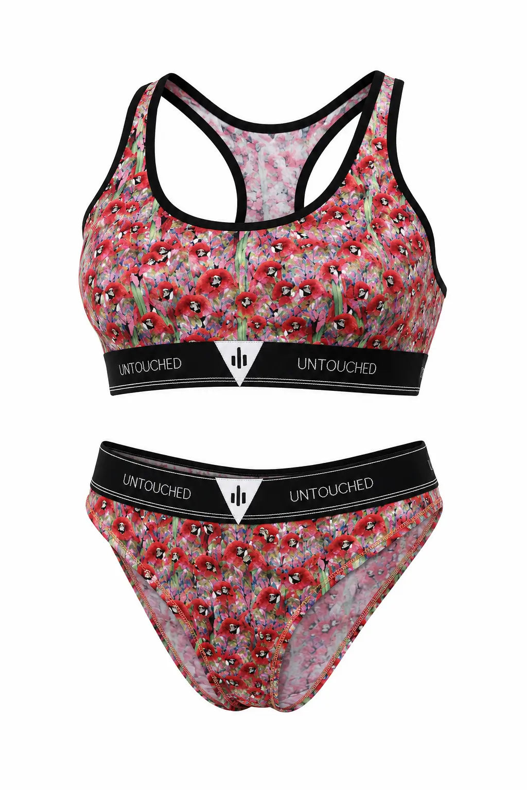 A two-piece bikini set featuring a red and pink floral print with black trim, displayed on a clean white background. The set includes a racerback sports bra top and matching high-cut bottoms, both with black waistbands displaying the brand name 'UNTOUCHED'.
