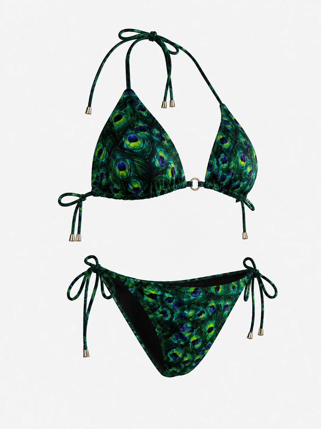Untouched Peacock Feather Print Triangle Bikini Set Green Black