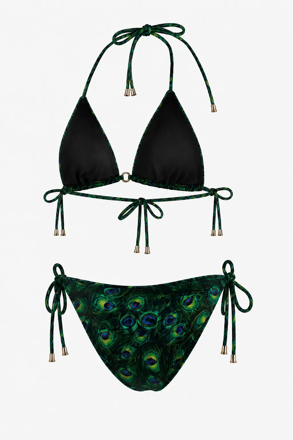 Untouched Peacock Feather Print Triangle Bikini Set Green Black
