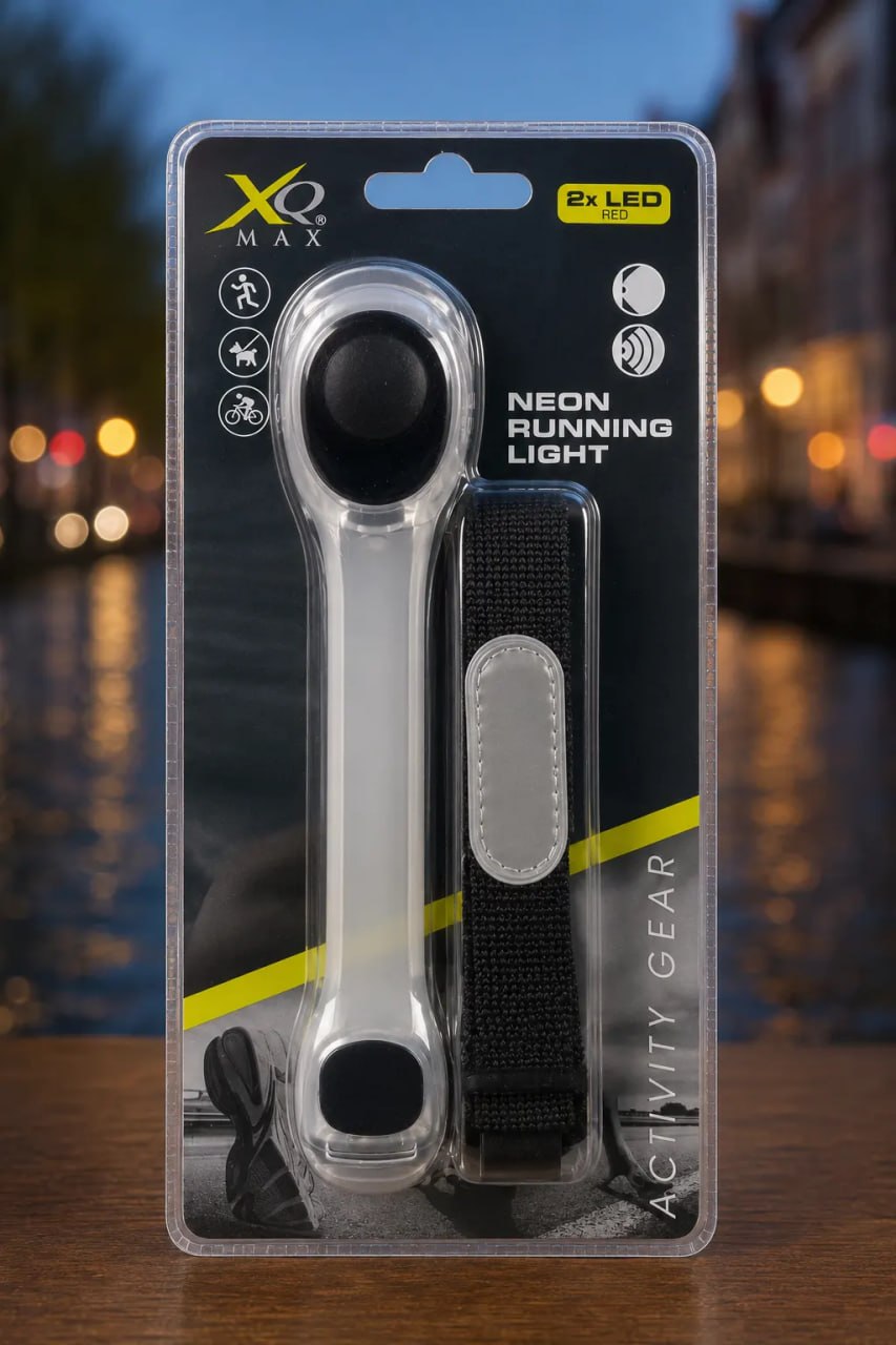 XQ Max neon running light in packaging with a blurred cityscape background