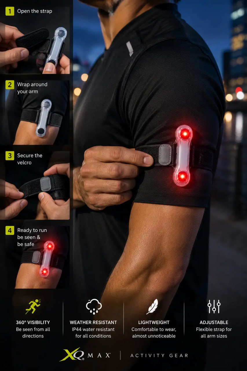 Person wearing a black arm sleeve with LED lights, demonstrating how to use it, on a blurred city street background.