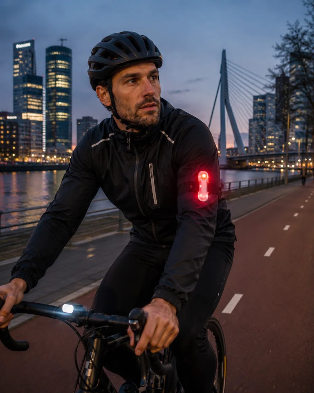 Man cycling at night with city skyline in the background