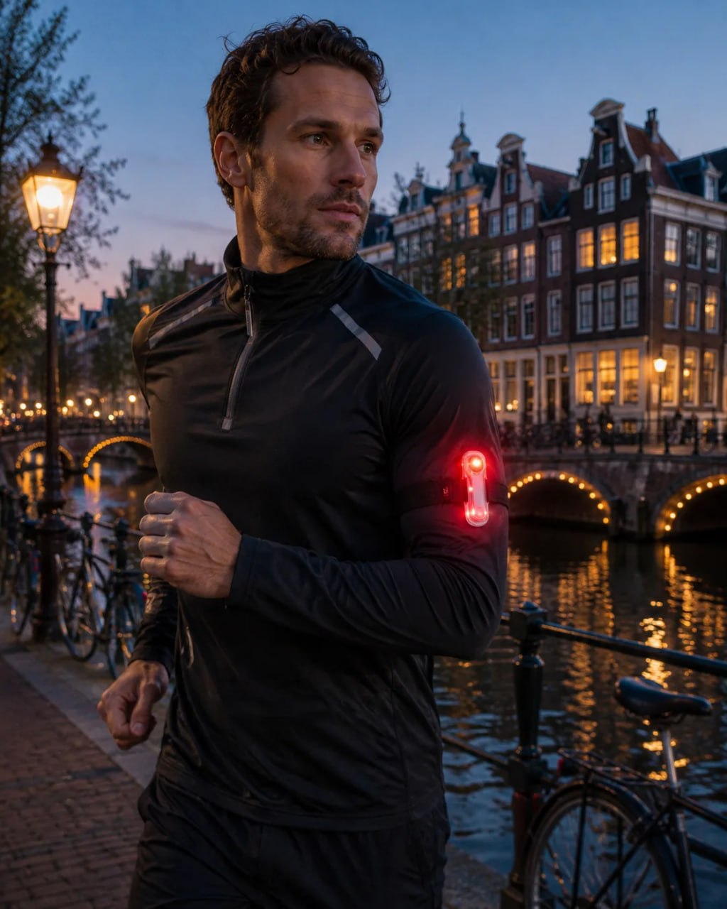 Man running at night with a light on his arm in an urban setting