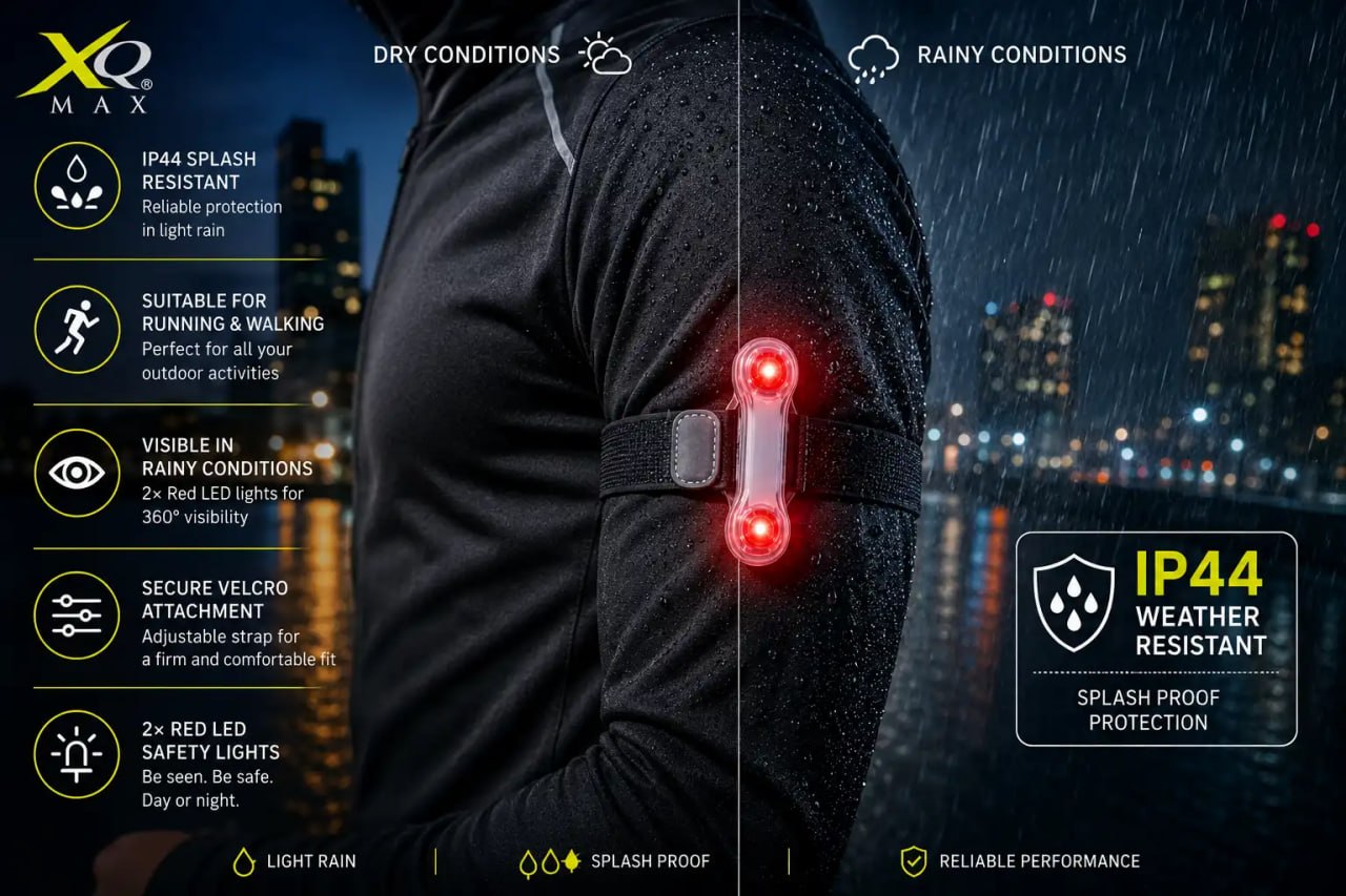 Black jacket with LED lights on a cityscape background, highlighting weather resistance and visibility features.