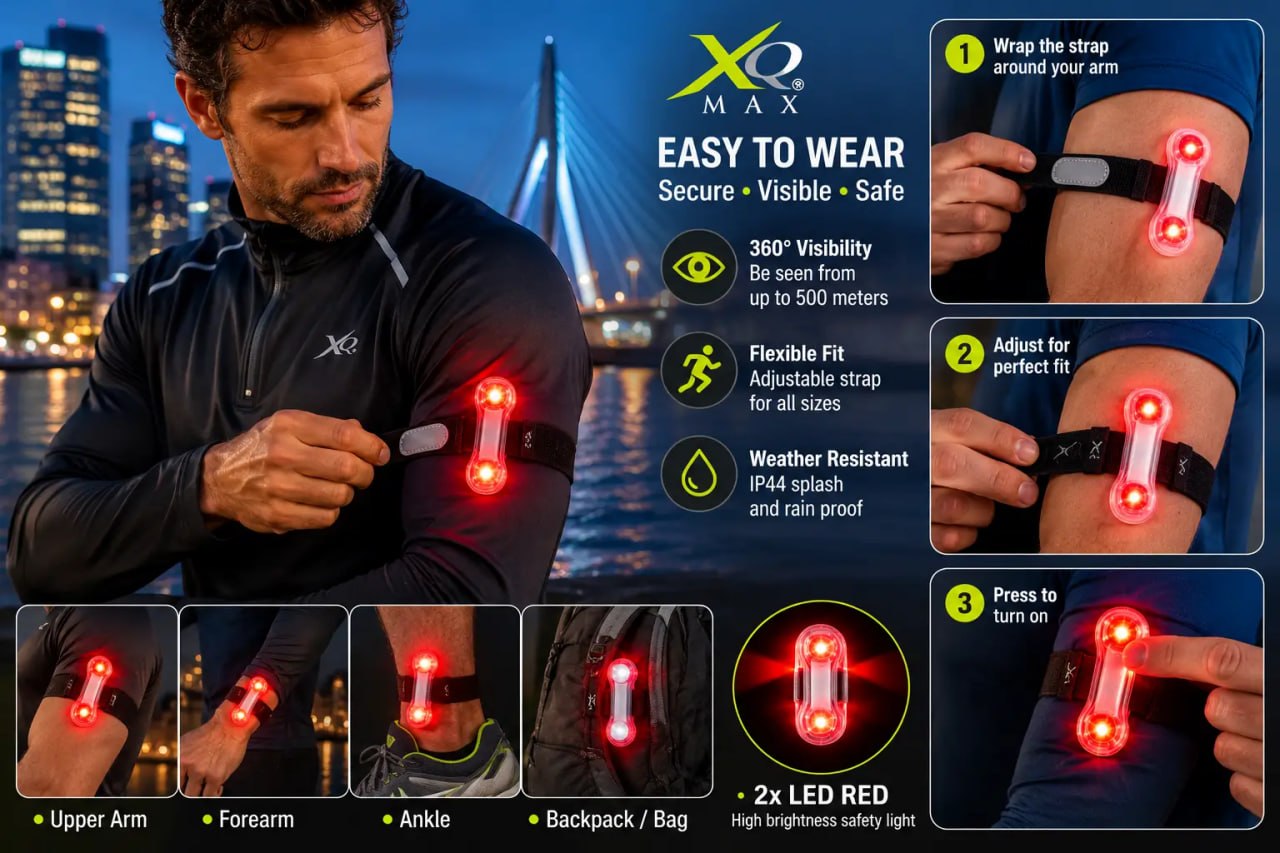 Man wearing a red LED light on his arm with instructions and features displayed.